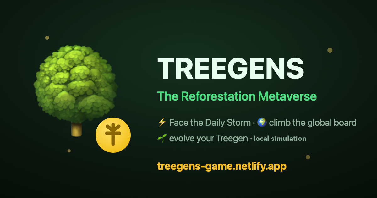 Treegens Game banner: a stylized tree and TGN coin beside the title The Reforestation Metaverse. Play is a local simulation.